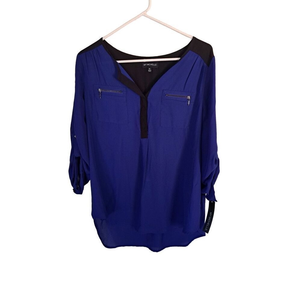 MY MICHELLE Blue & Black Quarter Button & Sleeve NWT size XL